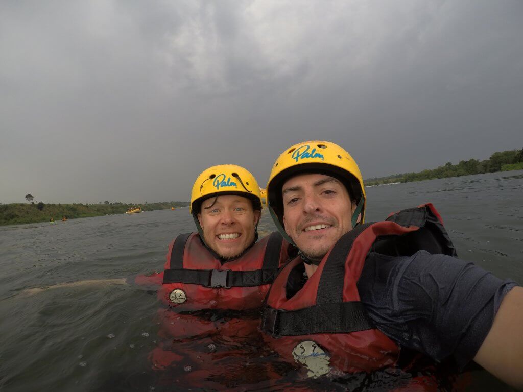 James and me floating in the Nile River in Uganda