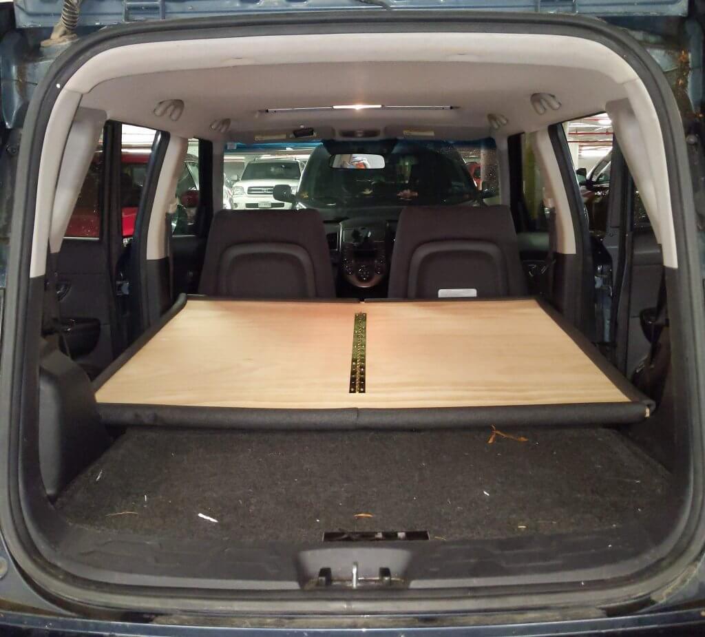 Bed platform inside the Kia Soul Camper Van