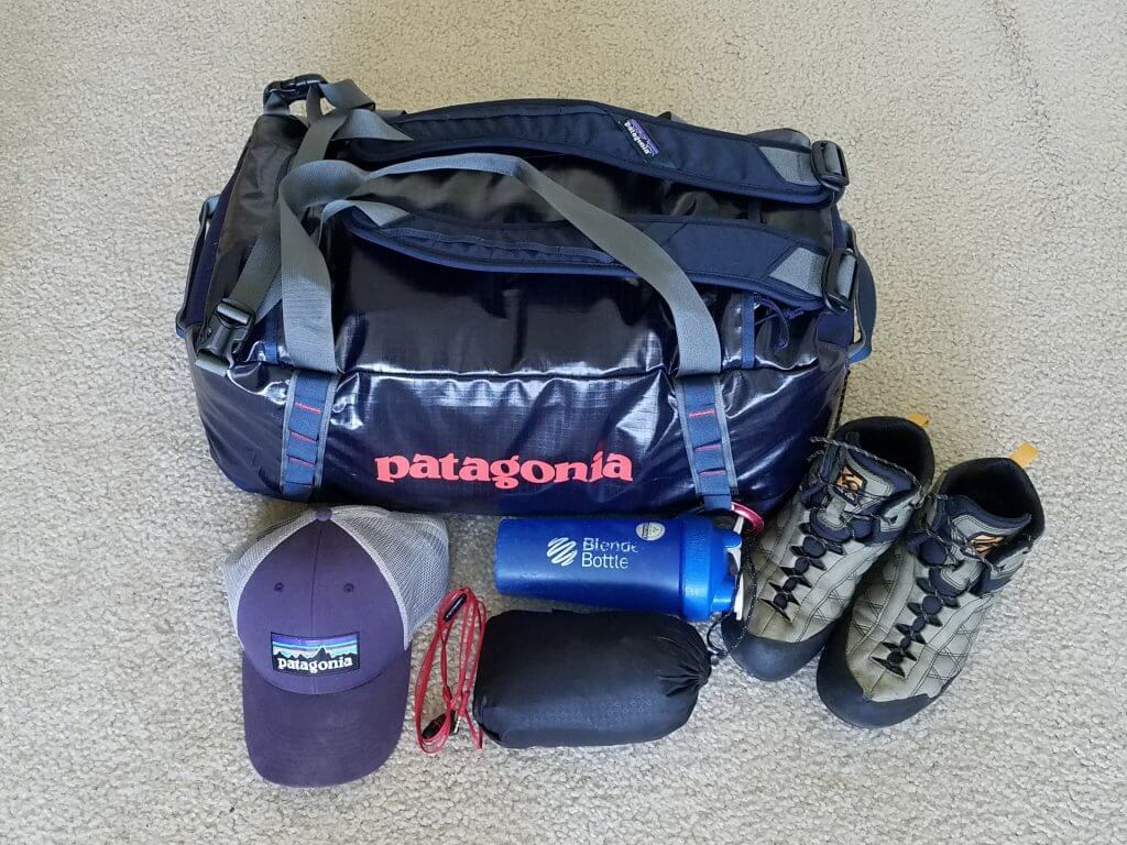 Patagonia duffel full of everything I need for my 15 day Eastern European road trip